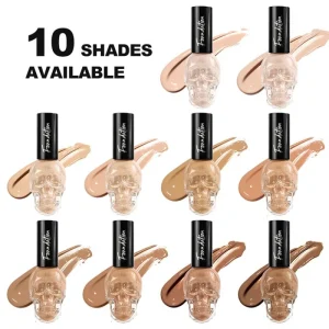 Clear skull bottle filled with natural beige liquid foundation for face makeup Nude tone foundation formula shown with smooth makeup swatches on a white background