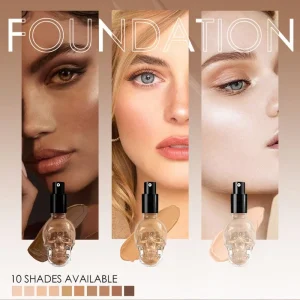 Professional complexion makeup product with beige foundation swatches and clear bottle Nude liquid foundation with black cosmetic cap and artistic skull-shaped packaging