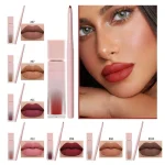 Complete matte lip look created with lipstick and liner