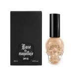 Soft beige makeup base in a transparent artistic container with glossy finish