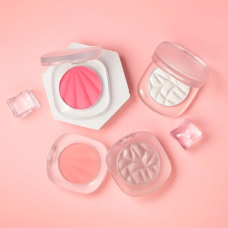 Face highlighter and powder blush shown as separate makeup products Face illuminating powder and soft blush shades for customized makeup looks