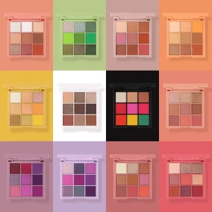 Smooth powder eyeshadows in a convenient nine-pan layout