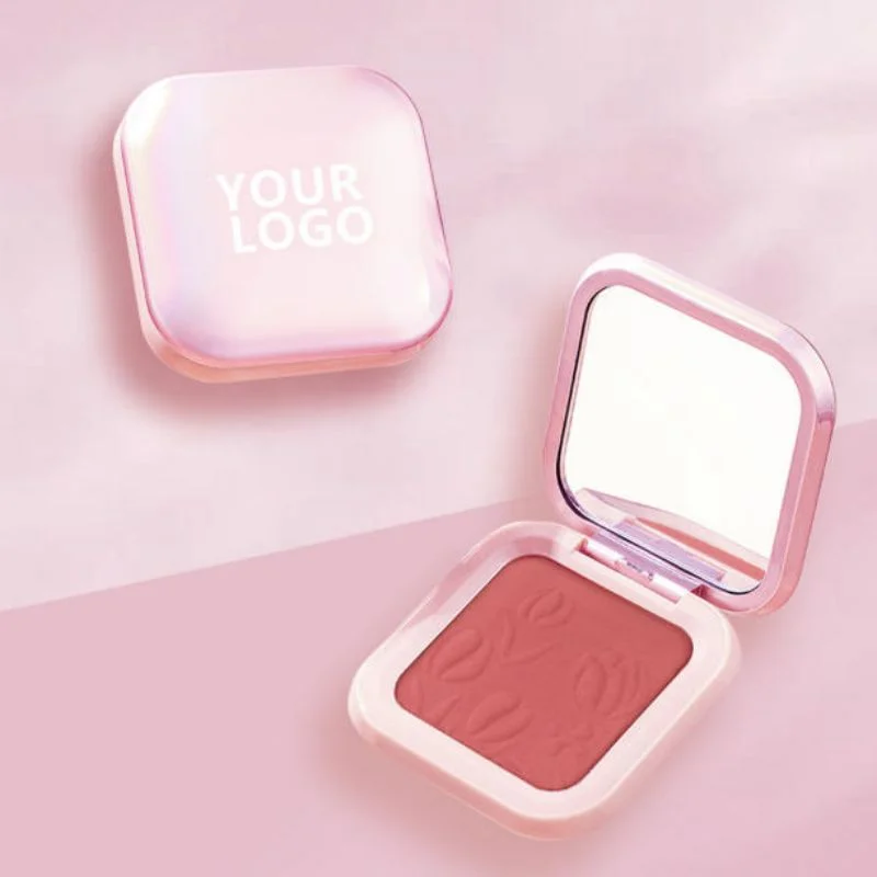 Pressed blush powder shown in a cosmetic makeup compact Minimal makeup packaging featuring a pressed cheek color
