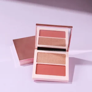 Open blush compact displaying two powder sections