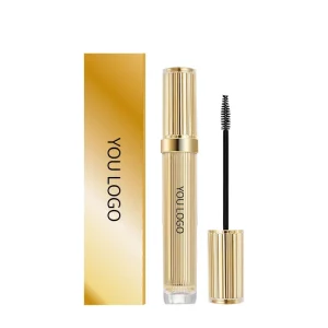 Lengthening black mascara wand creating long, separated eyelashes