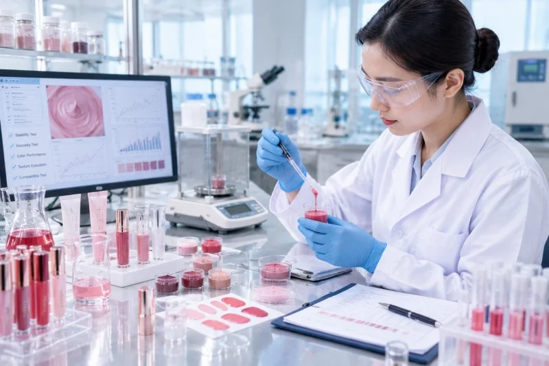 Cosmetic formula testing process with laboratory evaluation for texture, stability, and product performance