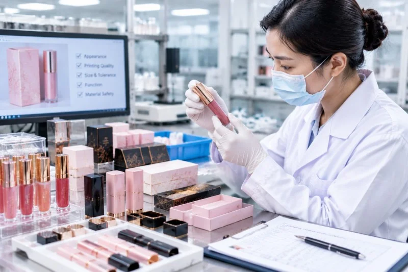 Professional cosmetic packaging material inspection checking lipstick tubes, containers, and packaging components