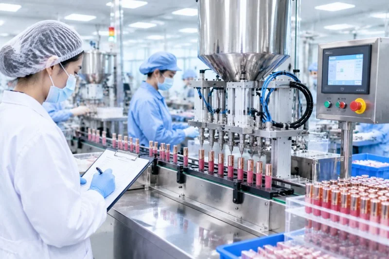 Professional cosmetic production process control with automated filling line and quality inspection