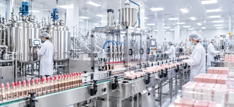 Cosmetics manufacturer with automated production lines, stainless steel mixing tanks, and lipstick packaging equipment for OEM ODM makeup production.