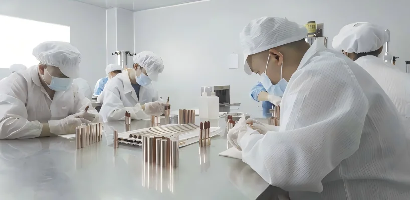 Cosmetics manufacturing quality control with workers inspecting makeup products in a clean production facility