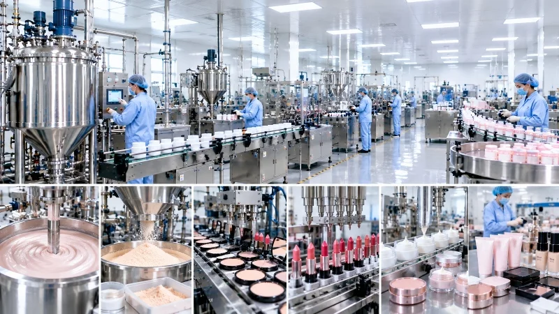 Cosmetics OEM ODM manufacturing factory with stainless steel mixing tanks, automated filling machines and large-scale makeup production lines.