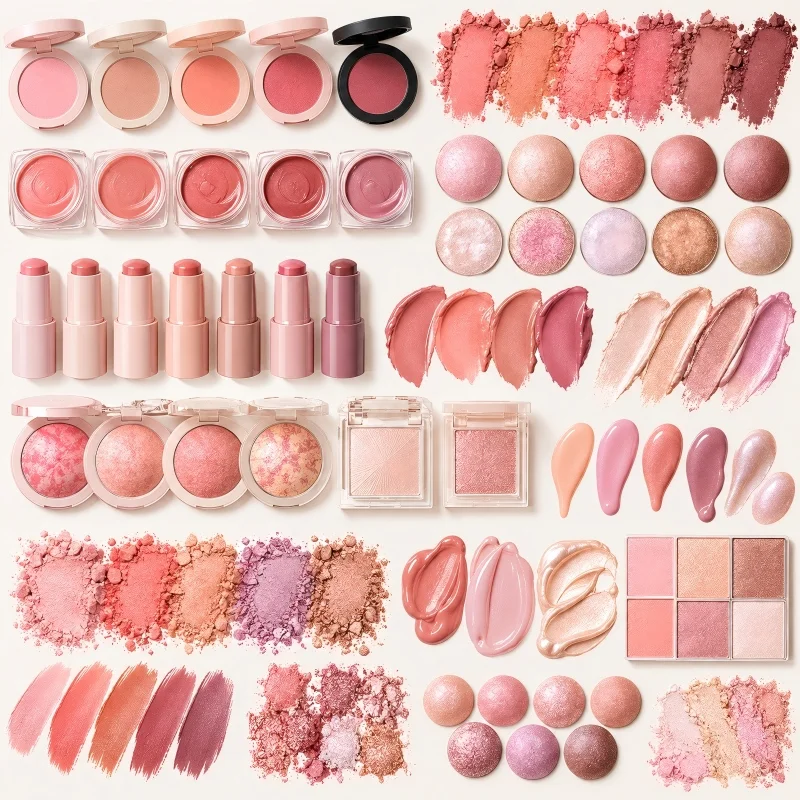 Custom blush and highlighter makeup in pink, peach, coral, and champagne shades with matte and shimmer finishes