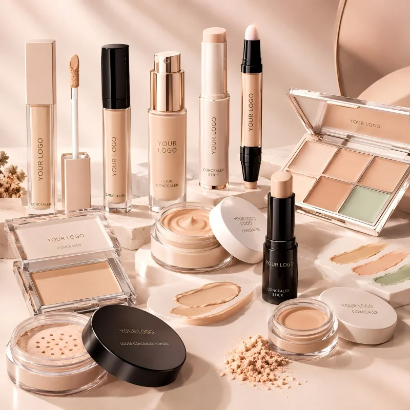 Custom concealer makeup products in liquid, cream, stick, and powder formulations for beauty brands