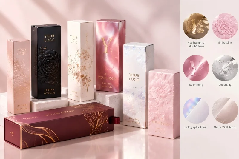 Premium custom cosmetic boxes featuring embossing, hot stamping, UV printing, and decorative finishing techniques