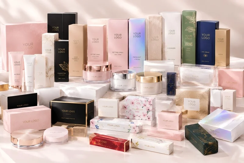 Custom makeup packaging boxes in various sizes, colors, and finishes for private label cosmetics brands