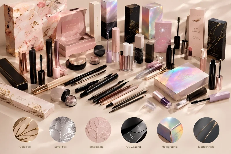 Custom eye makeup packaging collection featuring mascara tubes, eyeliners, cosmetic containers, and printed paper boxes.
