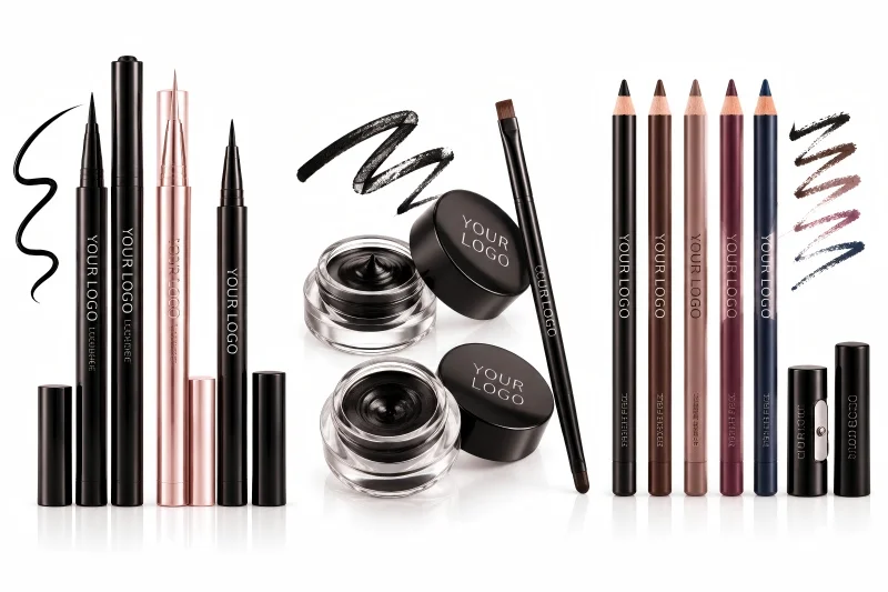 Private label eyeliner products including liquid eyeliner pens, gel liners, and pencil eyeliners with custom branding