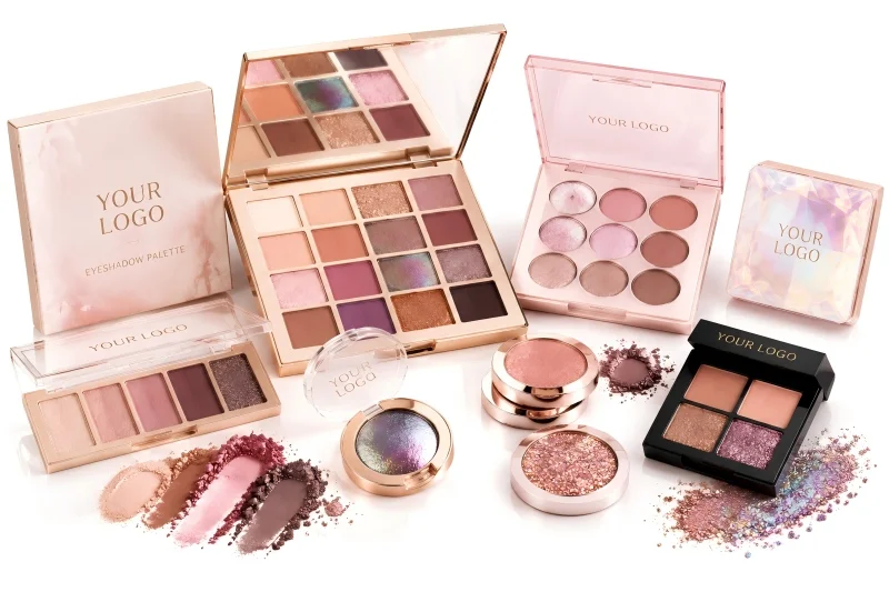 Private label eyeshadow palettes featuring customized matte, metallic, glitter, and color shifting shades for beauty brands