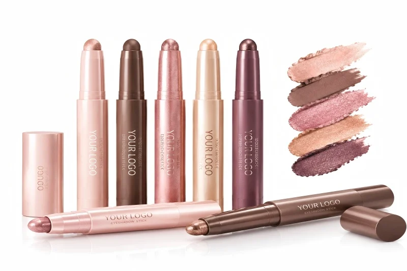 Private label eyeshadow sticks with customized colors, creamy textures, and premium packaging for beauty brands