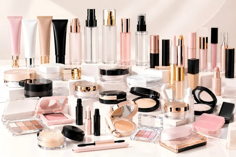 Custom face makeup packaging including cosmetic tubes, bottles, jars, and plastic compacts for private label beauty brands