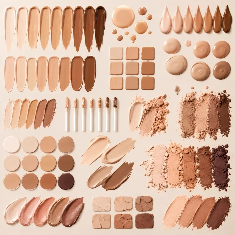 Foundation and concealer swatches in multiple skin tones with liquid, cream, and powder textures for custom makeup brands