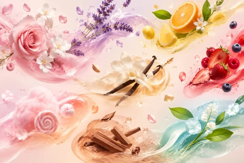 Customized lip makeup fragrance options with floral, fruity, sweet, and fresh scent profiles
