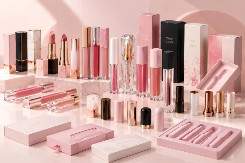 Luxury custom lip makeup packaging including lipstick tubes, gloss containers, and cosmetic boxes