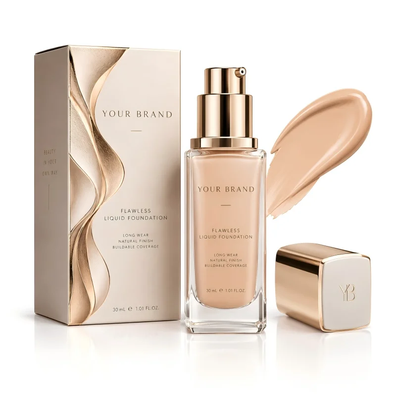 Custom liquid foundation in a premium glass bottle with metallic gold accents and elegant personalized packaging.