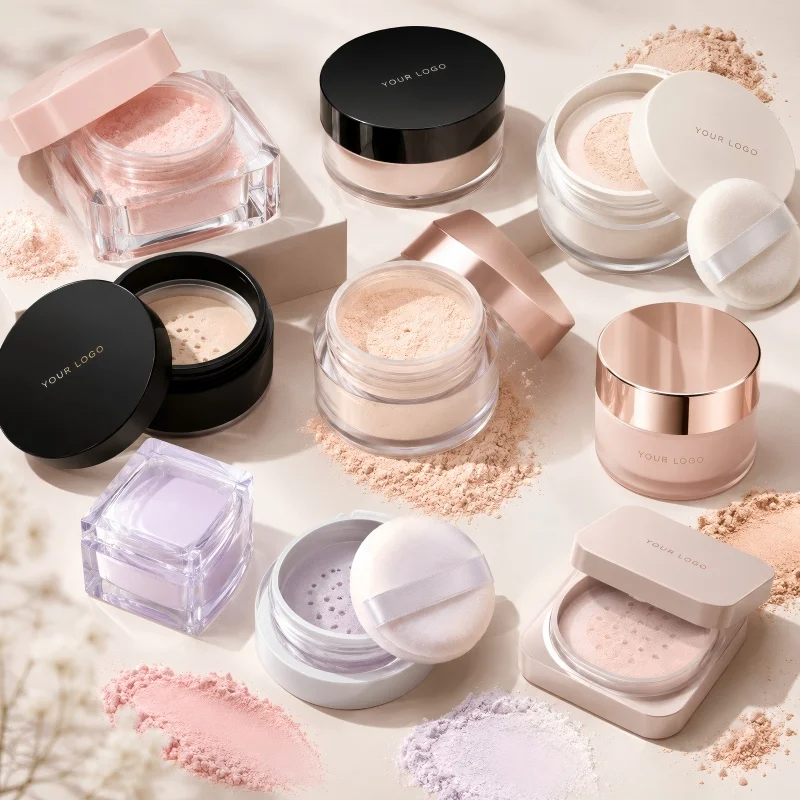 Private label loose setting powder in clear, pink, and black containers for custom cosmetics branding
