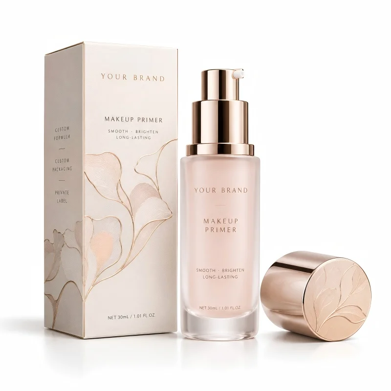 Luxury makeup primer in a frosted glass bottle with rose gold accents and custom embossed carton packaging.