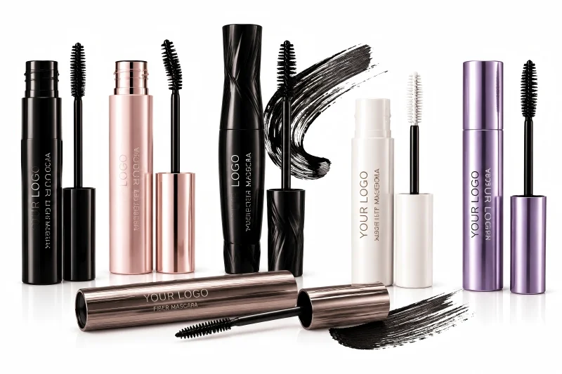 Various mascara tubes with different brush designs for creating volumizing, lengthening and curling lash products