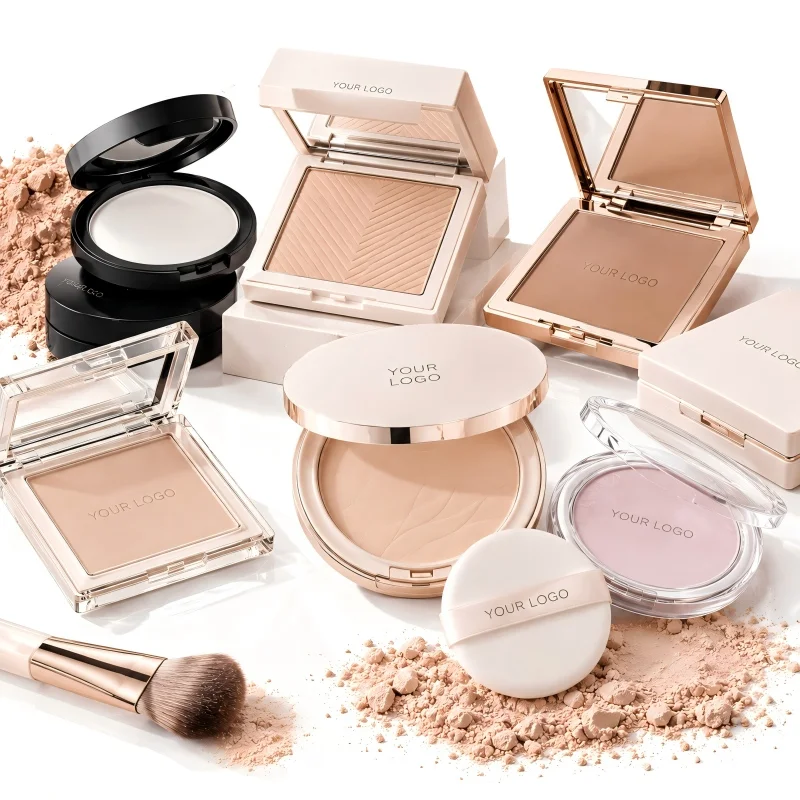 Luxury pressed face powders in ivory, beige, and soft pink shades with geometric embossed patterns and mirrored cases