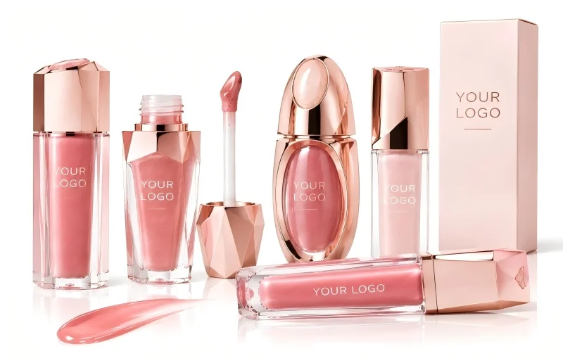 Private label lip plumper gloss with custom pink packaging, glossy formulas, and multiple shades for beauty brands seeking fuller-looking lips