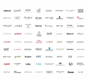 Emerging makeup and cosmetics brand logos featuring international beauty labels and niche color cosmetics brands.