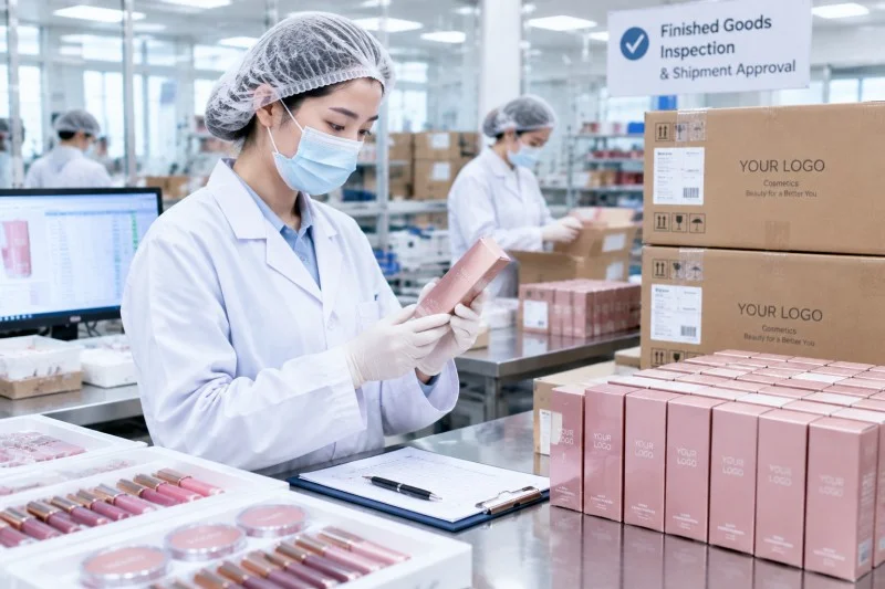 Final cosmetic quality inspection process checking finished products before shipment approval