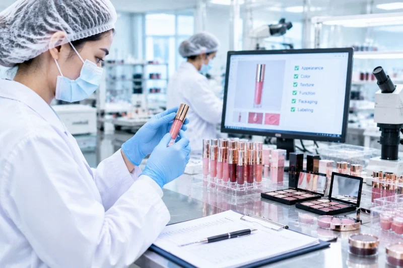 Finished cosmetic product testing process with quality inspection for color, texture, appearance, and performance