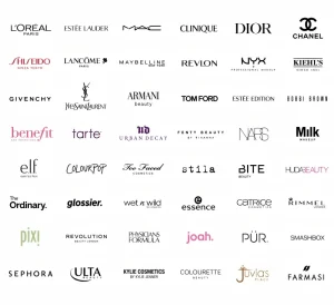 Global beauty and cosmetics brand logos featuring luxury makeup and professional beauty brands.