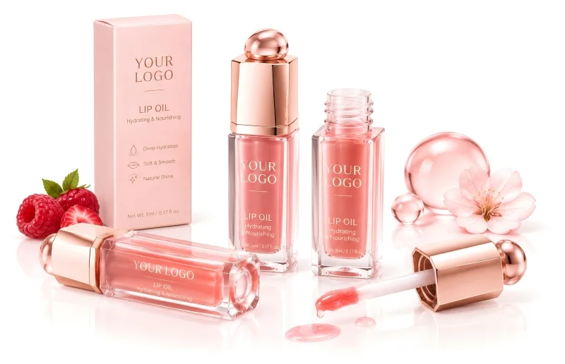 Premium lip oil products with glass-like shine and elegant packaging for cosmetic brands