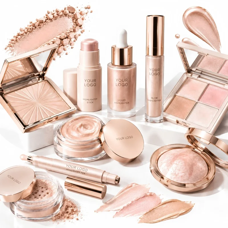 Shimmering baked highlighter powders in champagne, pearl, and rose gold with radiant embossed finishes