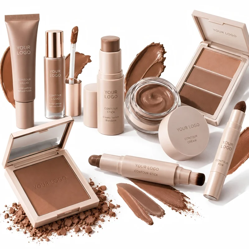 Professional face contour products with pressed powder, creamy textures, and liquid sculpting formulas in warm brown tones