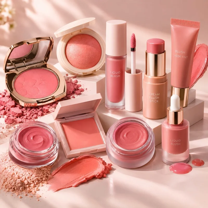 Various powder, cream, and liquid blush makeup products in elegant pink shades