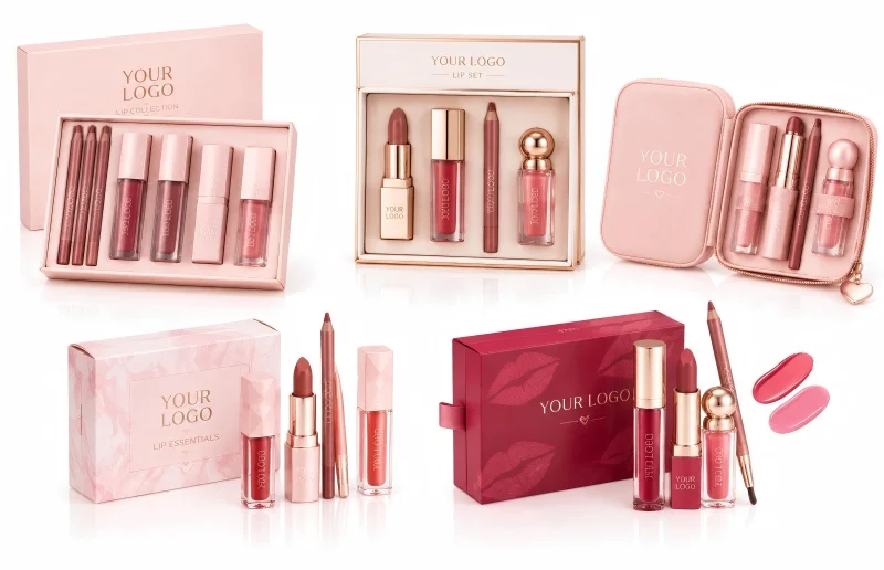 Luxury lip makeup gift set featuring multiple products with elegant custom packaging designs