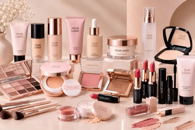 Private label face makeup products including foundation, primer, BB cream, loose powder, pressed powder, blush and eyeshadow with YOUR LOGO branding.