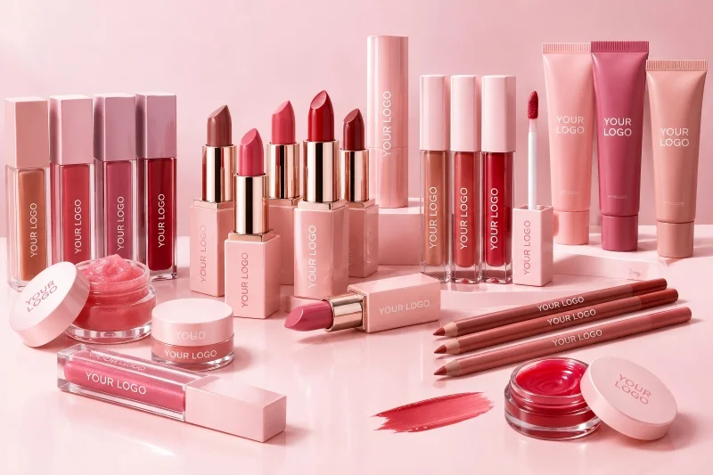 Private label lip makeup products including custom lipsticks, lip glosses, lip liners and lip balm with YOUR LOGO branding.
