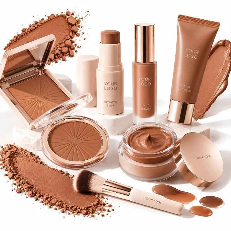 Radiant bronzer powders with sunburst-embossed surfaces in golden tan and caramel shades