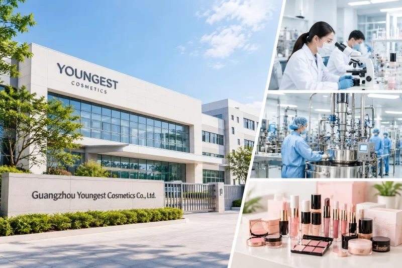 Cosmetics manufacturing team working together in a professional factory environment with modern production facilities